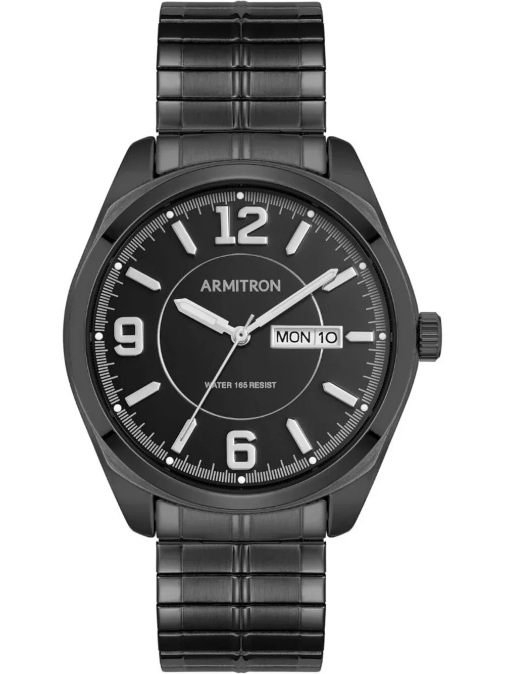 Mens All Black Analog Quartz Sunray Expansion Band Day-Date Function Round Watch